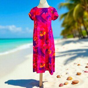 Mildred's of Hawaii Vintage 70s Hot Pink Floral Dress Back Pleat With Bow